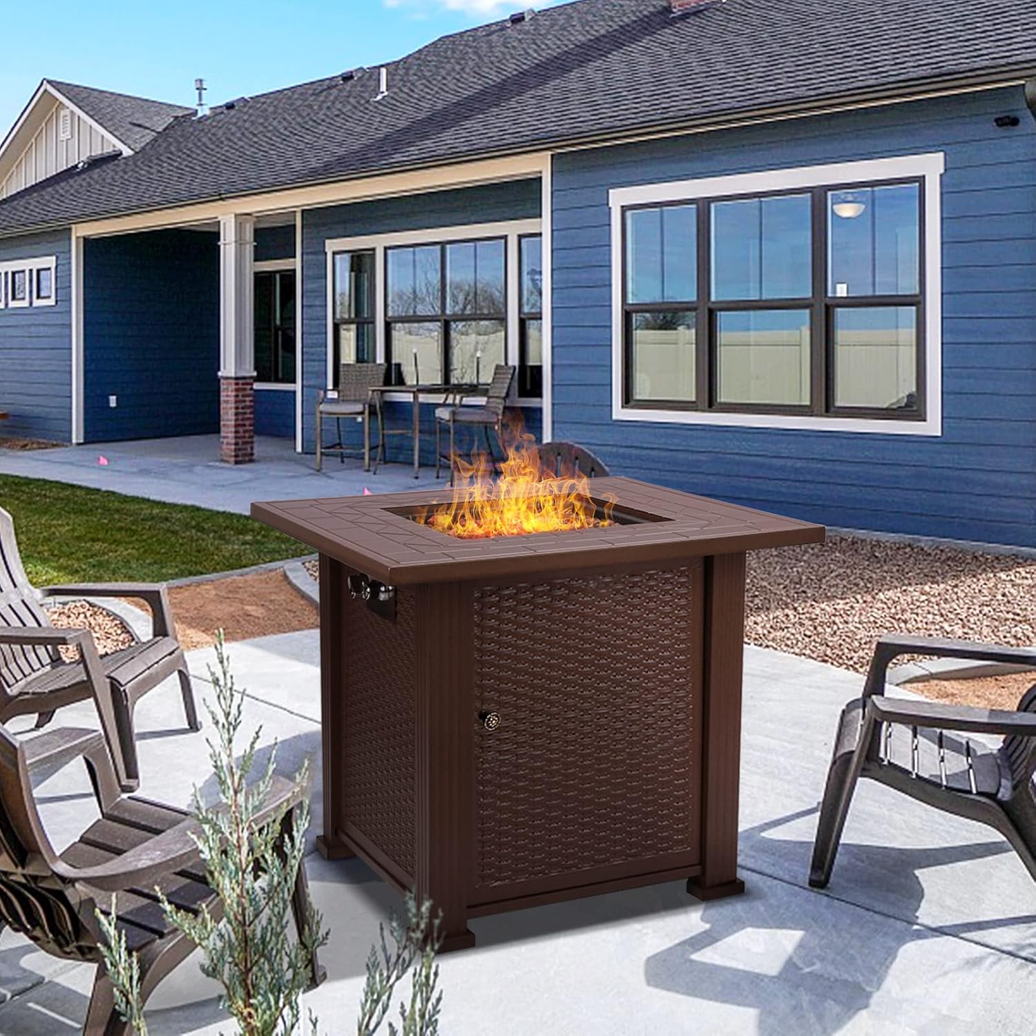 SINGLYFIRE 28 Inch Propane Fire Pit Table Square 2 in 1 Fire Table 50,000 BTU with Cover, Lid and 6.6lbs Lava Rock,Gas Fire Pit Table for Outside Patio, Garden, Backyard, Deck, Brown (SGFP-001C) - Image 2