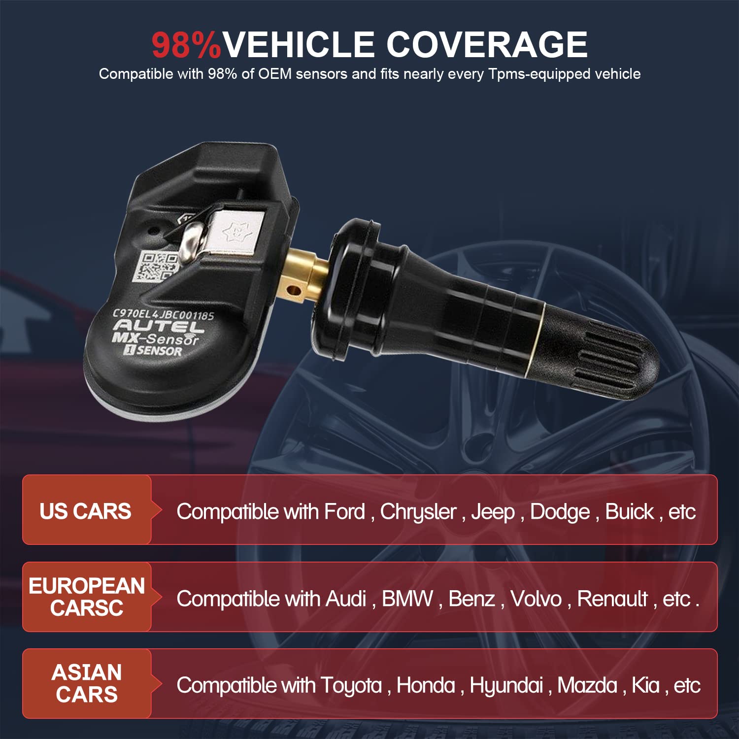Autel TPMS Sensor MX-Sensor TPS218-315MHz+433MHz 2 in 1 Dual Frequency Replaced OEM Tire Pressure Sensor Universal Programmable Screw-in Sensor Sets of 4 (Rubber Valves) - Image 4