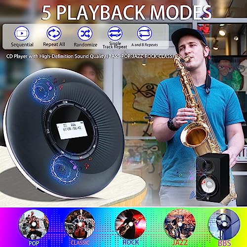 Portable CD Player with Bluetooth, CD Player Portable with Dual Speakers and Anti Shock Skip Protection Rechargeable CD Player Bluetooth for Car with LCD Display Headphone AUX Cable Walkman CD Player - Image 6