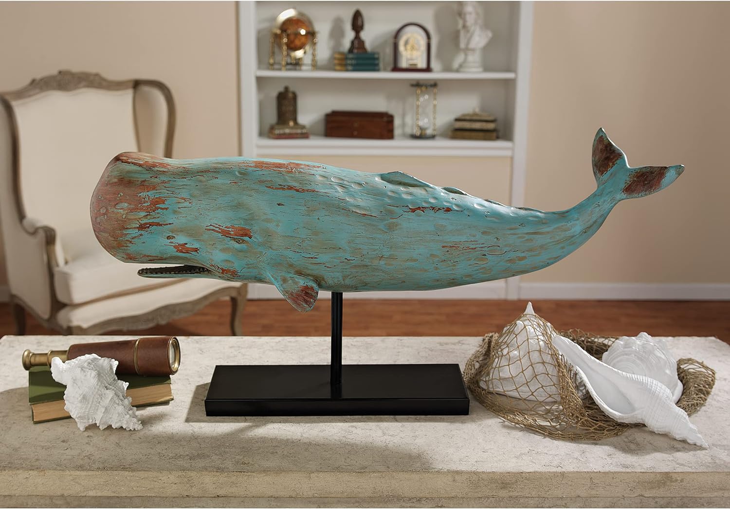 Design Toscano SD1120725 Folk Art Faux Wood Whale Statue on Display Stand, 30 Inch, Blue