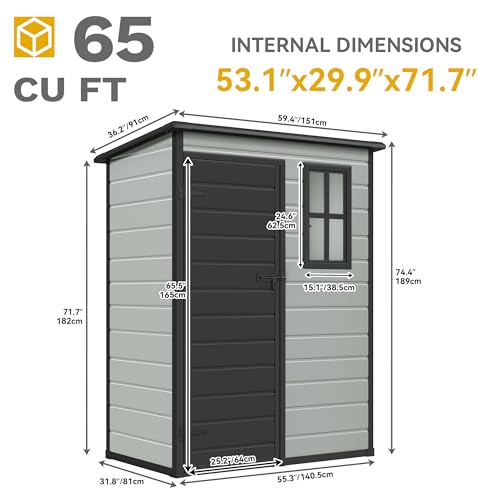 DWVO 5x3ft Resin Outdoor Storage Shed with Floor, Waterproof Lockable Storage Shed with Window, Plastic Outside Tool Storage for Garden, Backyard, Patio, Lawn, Gray - Image 17